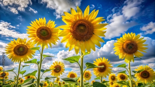 Tall sunflower blooms stretch towards the sky, their bright yellow petals shining against a clear blue background with a few wispy white clouds. photo