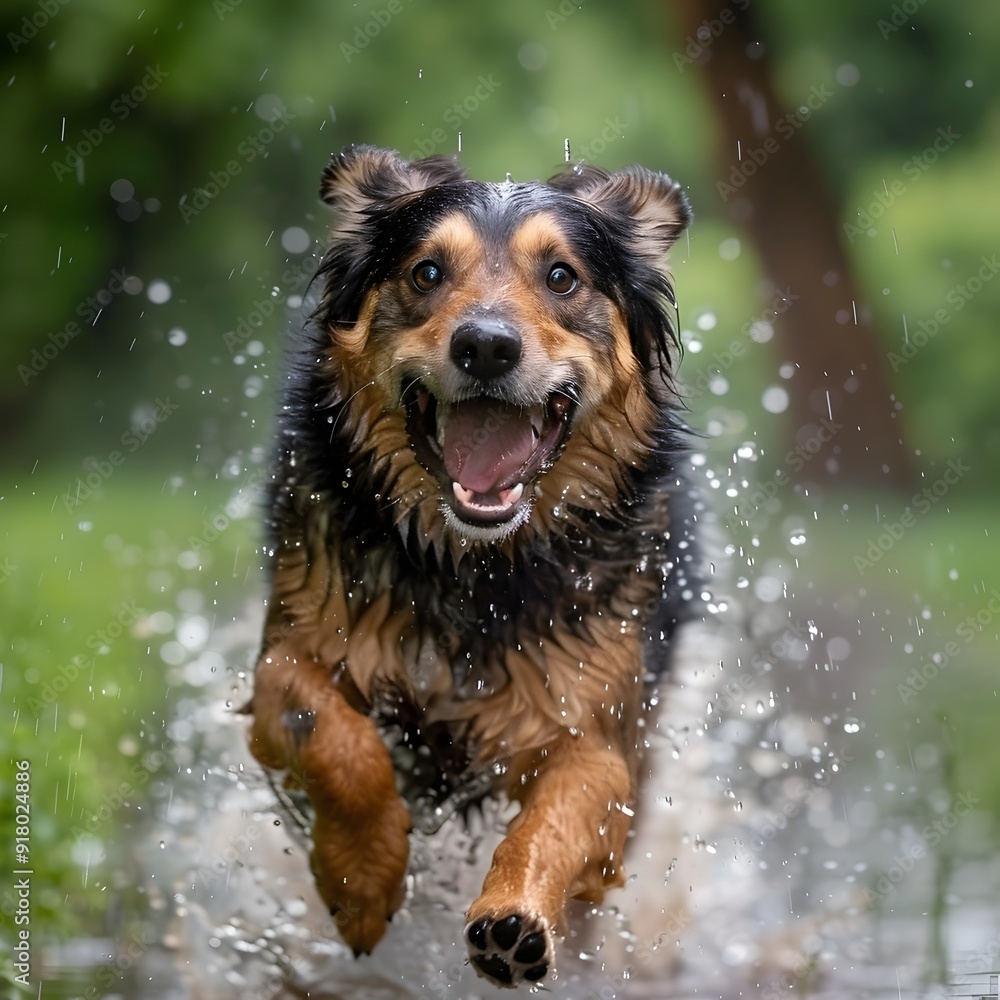 Joyful Dog Playing Energetically in the Rain Outdoor with Copy Space Joyful Dog Playing Energetically in the Rain Outdoor with Copy Space