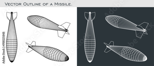 Vector missiles blueprint wirefreame line with various positions isolated on a transparent background