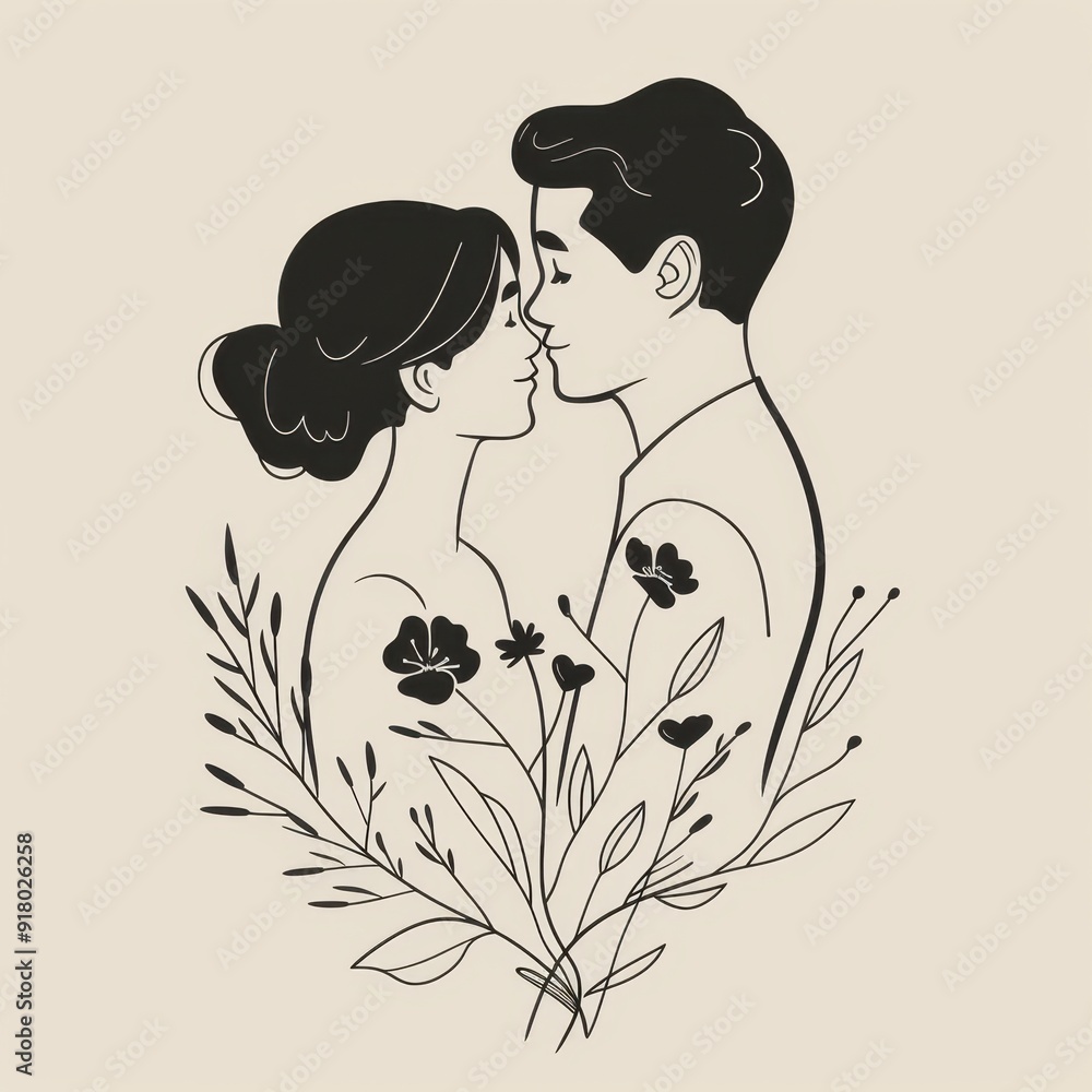 A Couple Embracing with Flowers Behind Them in Black and White A Couple Embracing with Flowers Behind Them in Black and White