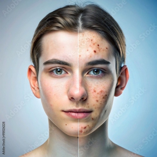 Before and after portrait of a person with acne photo