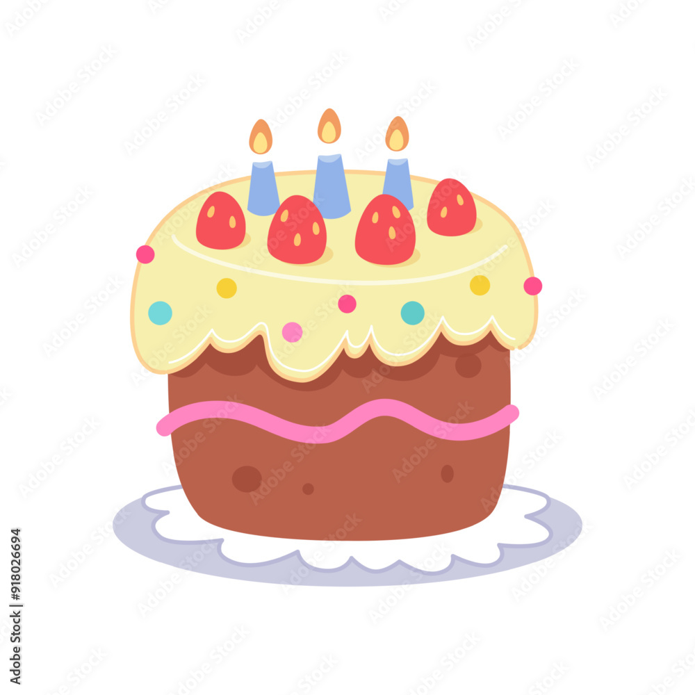 Birthday cake with candles and strawberry for party. Sweet multi layered dainty with creamy icing. Tasty confection, homemade delicacy, bakery product. Cartoon vector illustration. Birthday cake with candles and strawberry for party. Sweet multi layered dainty with creamy icing. Tasty confection, homemade delicacy, bakery product. Cartoon vector illustration.