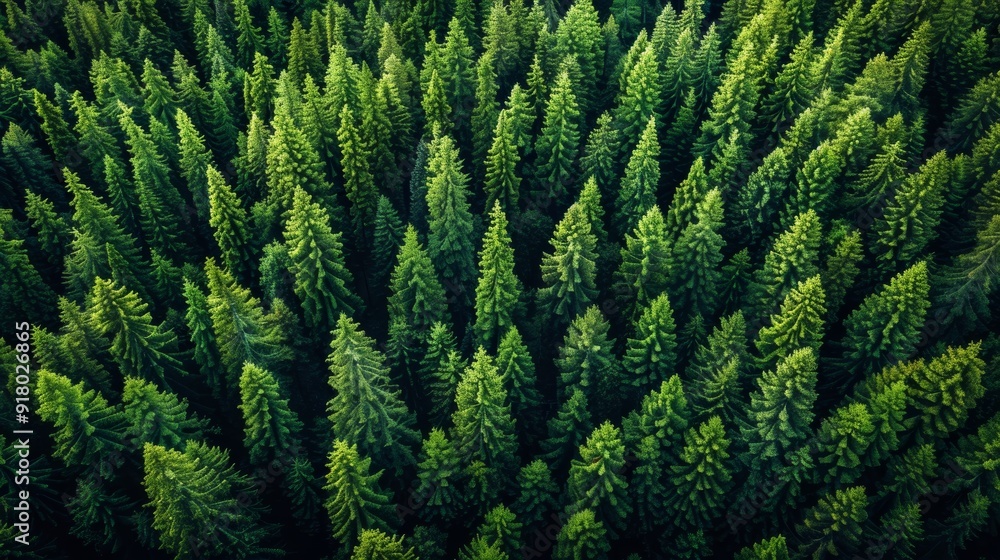 Aerial view of lush green coniferous forest during daylight in a serene natural landscape Aerial view of lush green coniferous forest during daylight in a serene natural landscape