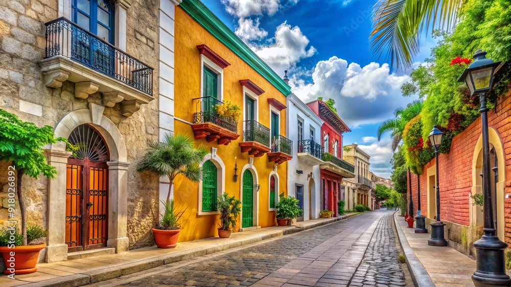 Vibrant colonial architecture lines the cobblestone streets of Santo Domingo's historic center, showcasing the Dominican Republic's rich cultural heritage and Caribbean charm. Vibrant colonial architecture lines the cobblestone streets of Santo Domingo's historic center, showcasing the Dominican Republic's rich cultural heritage and Caribbean charm.