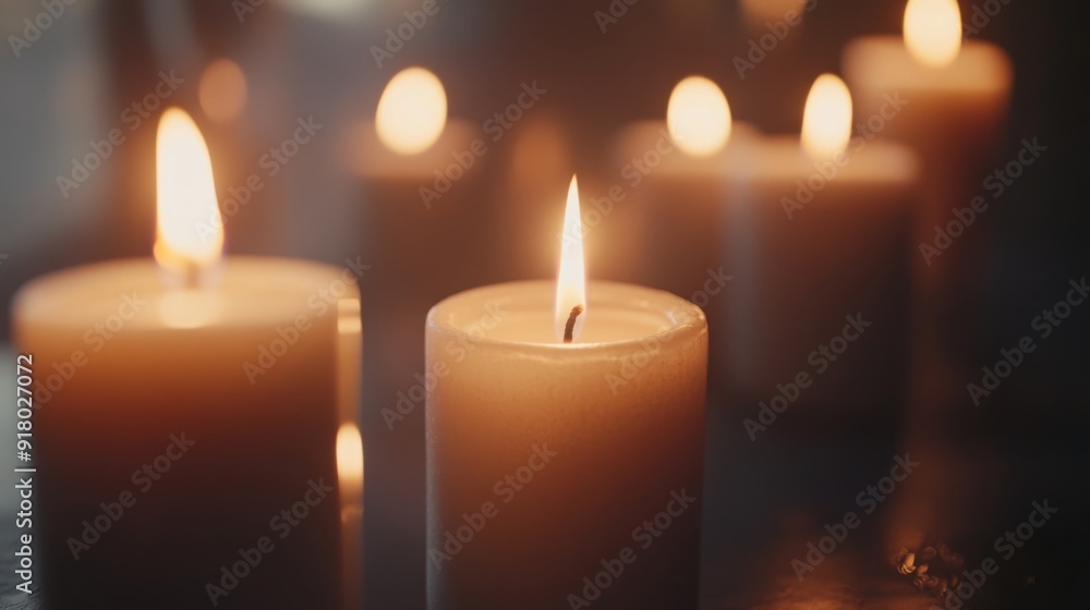 A detailed shot of multiple candles with flames burning steadily, creating a cozy and serene ambiance with their soft, warm light. A detailed shot of multiple candles with flames burning steadily, creating a cozy and serene ambiance with their soft, warm light.