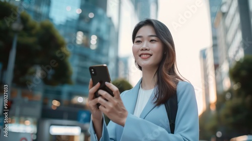 Young adult elegant successful beautiful Asian business woman, happy professional businesswoman executive holding cellphone using smartphone modern tech standing on big city urban street outside. 