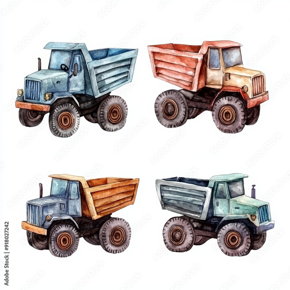 Watercolor Illustration of Dump Trucks on White Background, Digital Painting for Paper Crafting Generative AI Watercolor Illustration of Dump Trucks on White Background, Digital Painting for Paper Crafting Generative AI