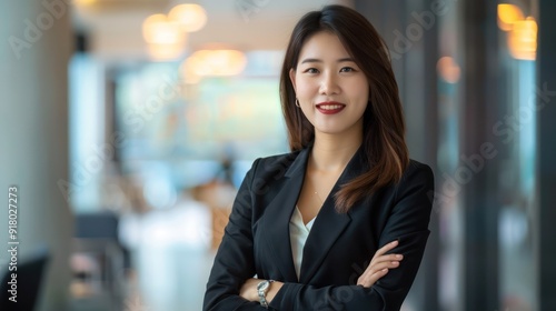 Young confident smiling Asian business woman leader, successful entrepreneur, elegant professional company executive ceo manager, wearing suit standing in office with arms crossed. Portrait