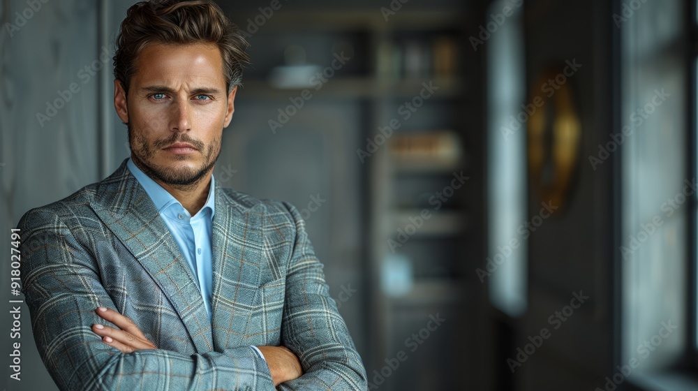 Man in a stylish checkered suit standing confidently in a modern office interior with bookshelves and warm lighting Man in a stylish checkered suit standing confidently in a modern office interior with bookshelves and warm lighting