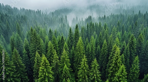 Lush evergreen forest covered in mist during early morning hours in a mountainous region