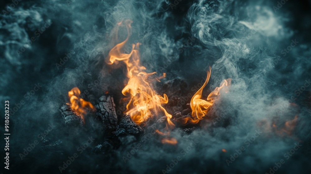 A dramatic close-up of swirling smoke and flickering flames rising from a campfire, with the contrast between the dark background and bright fire creating an intense scene. A dramatic close-up of swirling smoke and flickering flames rising from a campfire, with the contrast between the dark background and bright fire creating an intense scene.