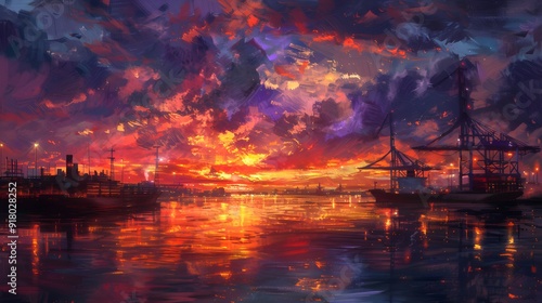 Vibrant sunset at a shipping port, rich orange and purple hues reflecting off the water photo