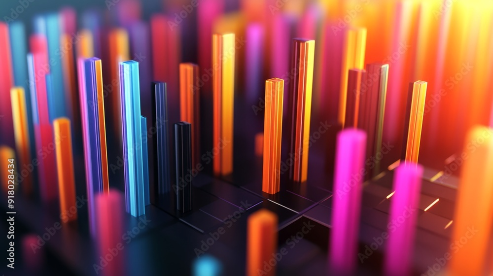 A dynamic view of a 3D bar chart with multiple bars in different heights and colors, showcasing a clear and engaging representation of data with depth and perspective. A dynamic view of a 3D bar chart with multiple bars in different heights and colors, showcasing a clear and engaging representation of data with depth and perspective.