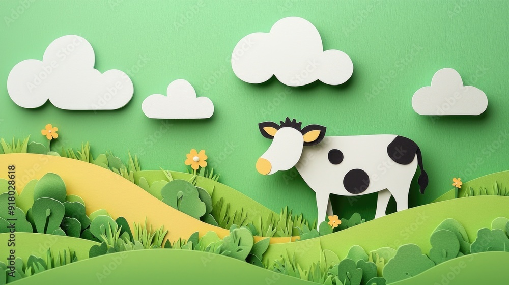 paper cut style illustration cow colorful 3d filed green hills whimsical clouds paper cut style illustration cow colorful 3d filed green hills whimsical clouds