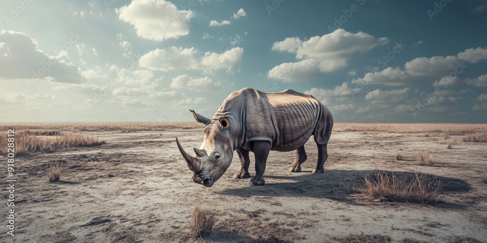 Fototapeta premium Vanishing Giants: Rhinos on the Brink of Extinction Amidst a Desolate Landscape, a Stark Reminder of the Climate Crisis and Habitat Destruction.