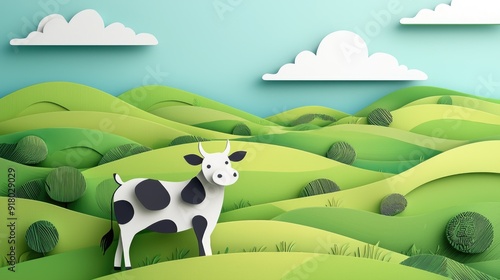 paper cut style illustration cow colorful 3d filed green hills whimsical clouds photo