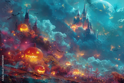 Enchanting Halloween Castle with Jack-o'-Lanterns and Bats