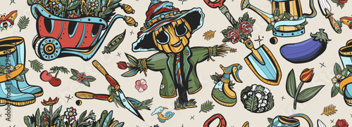 Garden elements seamless pattern. Scarecrow, watering can, garden cart, boots, shovel, secateurs