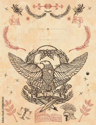 Roman Empire. Ancient Rome. Art background. Medieval manuscript, engraving style. Imperial eagle and crossed swords. History of Italy