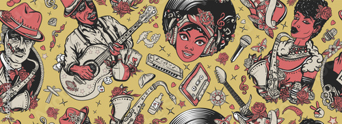Music pattern. Multicultural art. Musicians lifestyle. Blues, funk, soul and jazz musical background. African American funky girl, bluesman playing slide guitar, beautiful black woman and saxophone