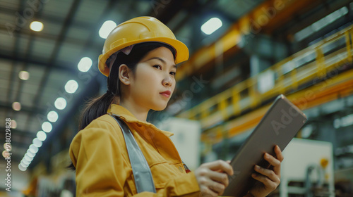 Female engineer searching for information and taking action from tablet for inspection and quality control process solving product problems in factory with confidence.