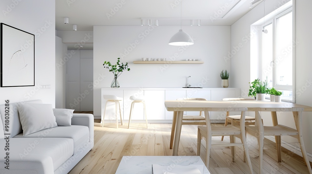 Fototapeta premium Serene Scandinavian Apartment: Minimalist, Bright, and Airy Interior Design