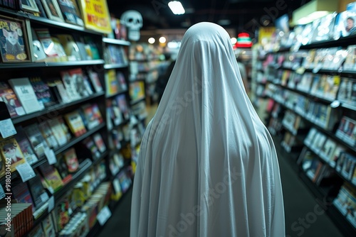 Mysterious Figure Dressed as a Ghost Wanders Through Bookstore Aisles at Night