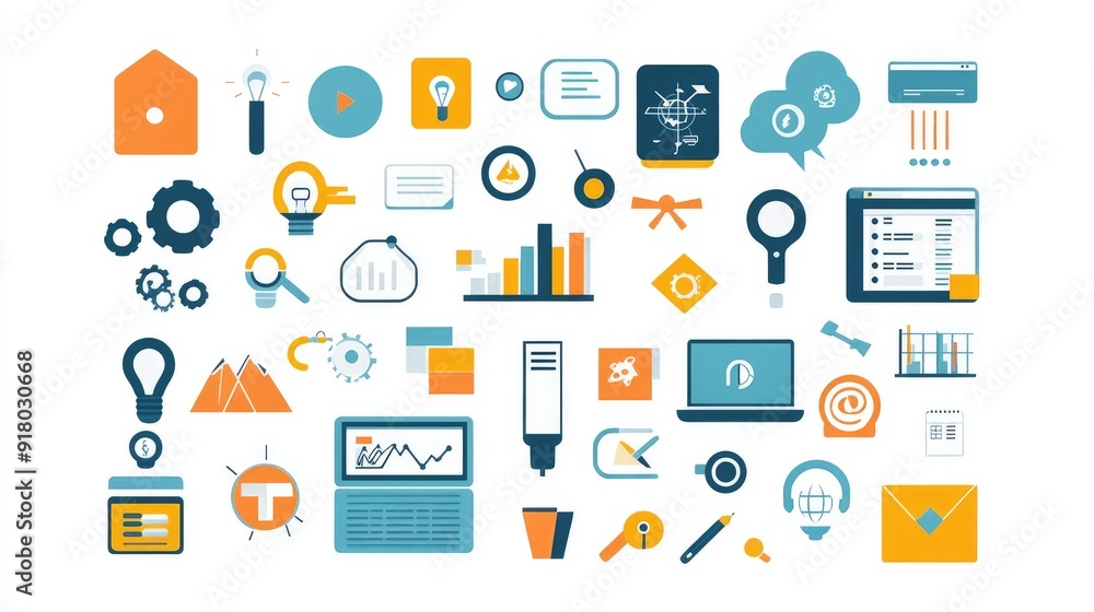 Collection of flat design icons for technology and innovation, perfect for websites and apps, on a clean white background Collection of flat design icons for technology and innovation, perfect for websites and apps, on a clean white background