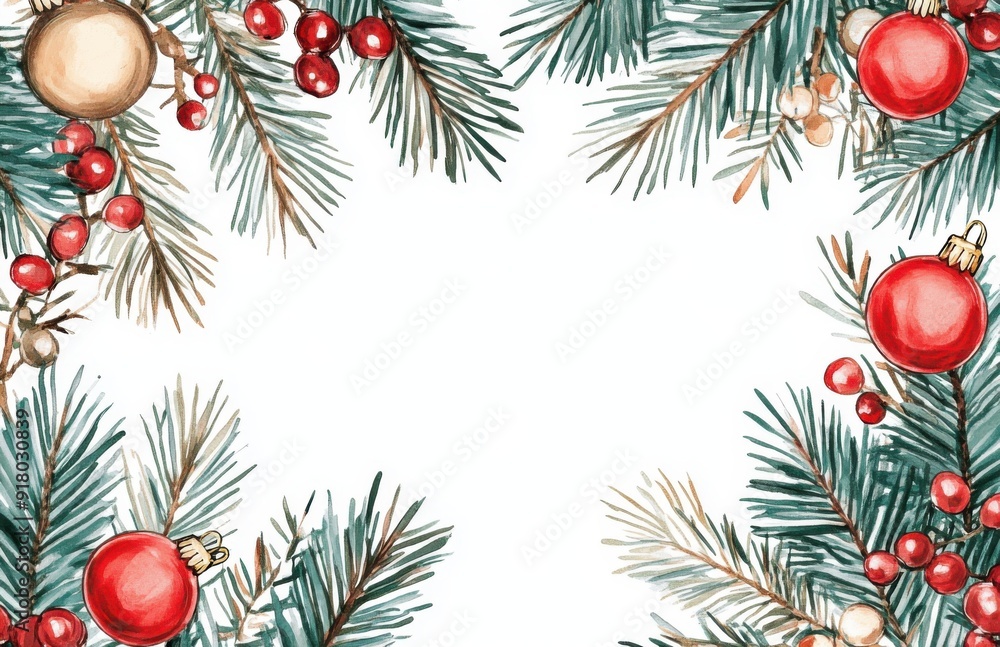 Christmas tree branches and Christmas decorations frame the background with copy space in watercolor style. Christmas tree branches and Christmas decorations frame the background with copy space in watercolor style.