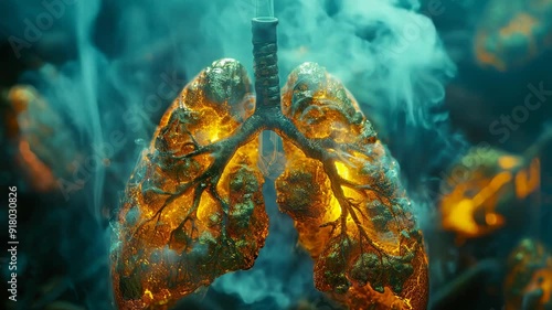 Visual Representation of Smokers' Lungs in Polluted Air: Unhealthy Lungs Affected by Poor Air Quality and Smoking - Macro View - 4K Timelapse