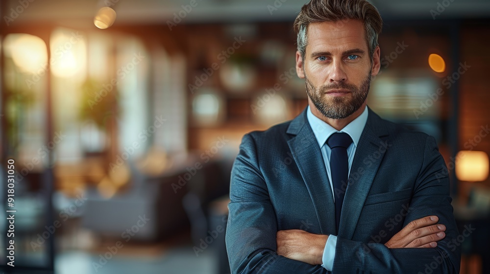 Confident man in a suit standing with arms crossed in a modern office during early evening Confident man in a suit standing with arms crossed in a modern office during early evening
