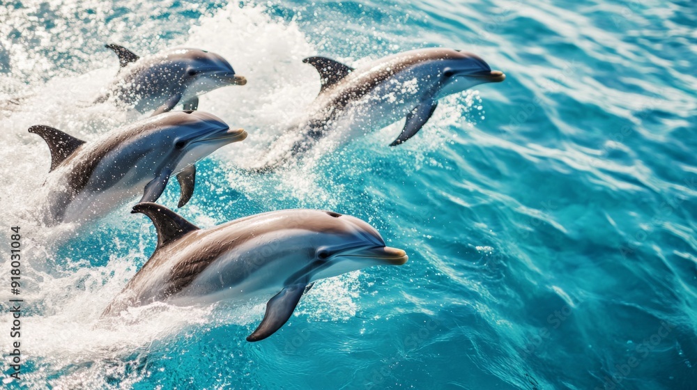 Obraz premium A group of dolphins swimming in a synchronized display, with splashing water and clear blue ocean highlighting their graceful movements.