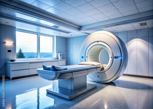 Sleek, high-tech MRI machine in a spacious, well-lit hospital room, featuring advanced scanning technology and ergonomic design for efficient, patient-centric medical care.