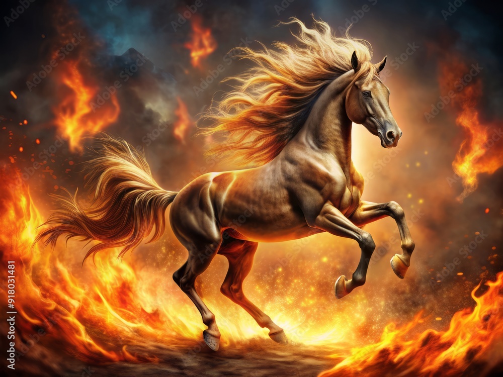 A majestic horse gallops freely, mane and tail flowing, set against a backdrop of fiery flames, symbolizing power, strength, and unbridled energy. A majestic horse gallops freely, mane and tail flowing, set against a backdrop of fiery flames, symbolizing power, strength, and unbridled energy.