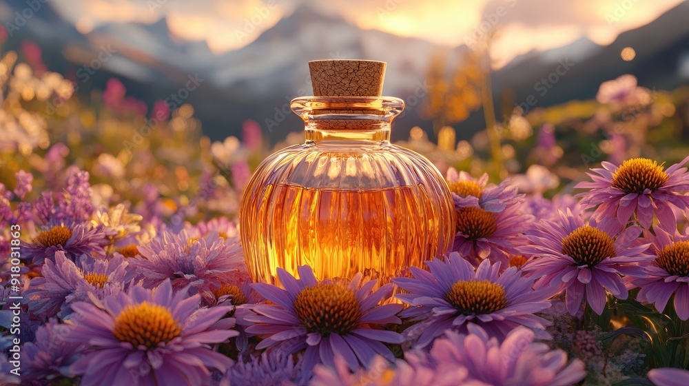 A glass bottle with a cork top nestled among vibrant purple flowers A glass bottle with a cork top nestled among vibrant purple flowers