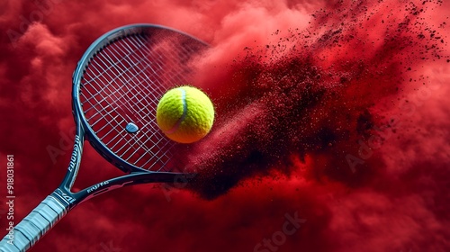 Yellow tennis ball strikes racket in a burst of red powder, capturing dynamic motion and textures in cinematic contrast.