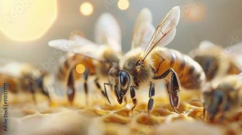 Honeybee Collecting Nectar at Sunset in a Flowering Field
