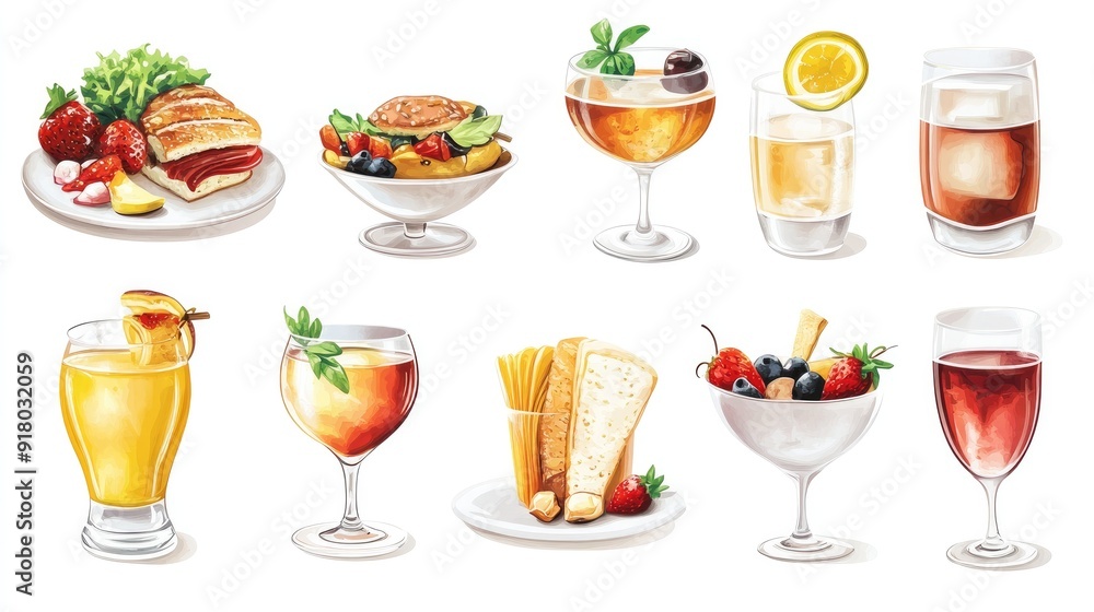 High-resolution vector illustrations of food and drink items, ideal for restaurant menus, on a white background High-resolution vector illustrations of food and drink items, ideal for restaurant menus, on a white background