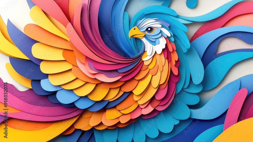paper cut style illustration phoenix colorful 3d filed green hills whimsical clouds paper cut style illustration phoenix colorful 3d filed green hills whimsical clouds