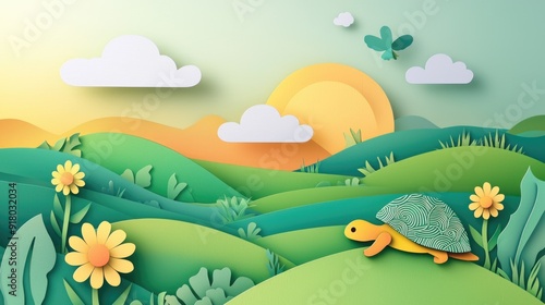 paper cut style illustration tortoise colorful 3d filed green hills whimsical clouds
