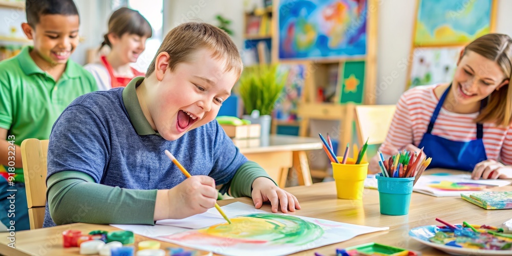 Fototapeta premium Joyful student with Down syndrome learns alongside peers in an inclusive art workshop, fostering social integration and confidence through creative expression and shared experiences.