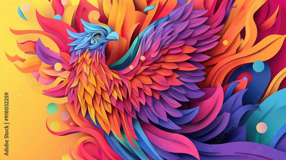 paper cut style illustration phoenix colorful 3d filed green hills whimsical clouds paper cut style illustration phoenix colorful 3d filed green hills whimsical clouds