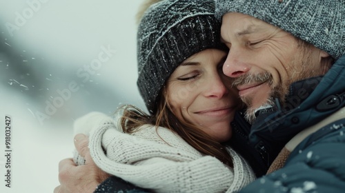 Couple Embracing in Snowy Mountain Landscape During Winter