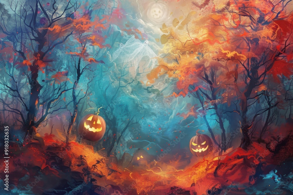 Spooky Halloween Forest with Jack-o'-Lanterns and Ghost Spooky Halloween Forest with Jack-o'-Lanterns and Ghost