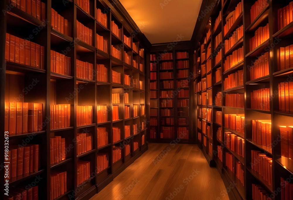 Fototapeta premium A large, well-lit library or bookstore interior with rows of wooden bookshelves lining the walls and a hardwood floor. The shelves are filled with a variety of books, creating a warm and inviting atmo