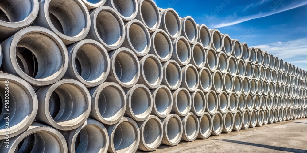 Neatly stacked concrete pipes of various sizes await use in construction projects, evoking a sense of industry and infrastructure development in a modern urban setting. Neatly stacked concrete pipes of various sizes await use in construction projects, evoking a sense of industry and infrastructure development in a modern urban setting.