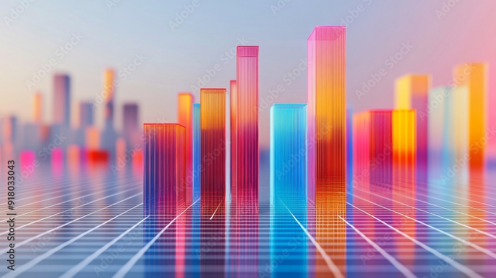 Fototapeta premium A high-resolution image of a 3D bar graph with varying heights, showcasing a detailed and colorful representation of data, with gridlines and a clean background for clarity