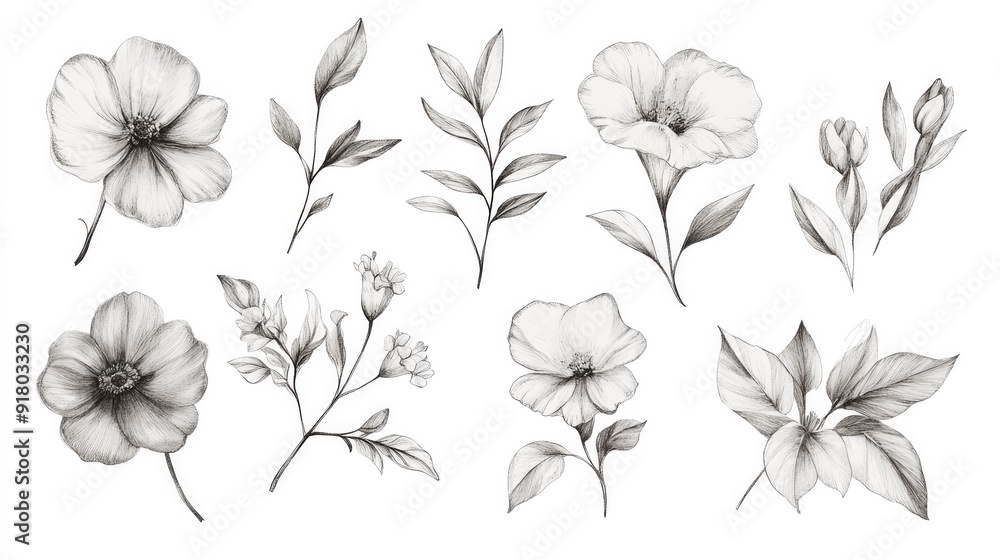 Obraz premium Set of hand-drawn floral elements in vector format, perfect for wedding invitations, on a white background