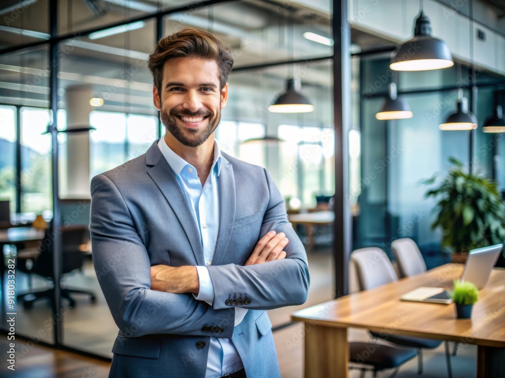 Confident entrepreneur stands with arms crossed, flashing a warm smile directly at the camera, exuding professionalism and approachability in a modern office setting. Confident entrepreneur stands with arms crossed, flashing a warm smile directly at the camera, exuding professionalism and approachability in a modern office setting.