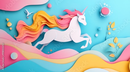paper cut style illustration unicorn colorful 3d filed green hills whimsical clouds
